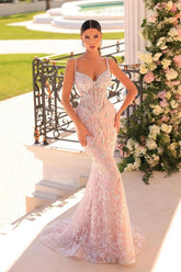 Dreamyannie Mermaid Prom Dress Spaghetti Straps Lace Beading Sleeveless Formal Dress