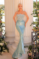 Dreamyannie Mermaid Prom Dress Spaghetti Straps Lace Formal Dress With Glitter