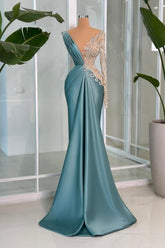 Dreamyannie Mermaid Prom Dress V Neck Lace Rhinestones Satin Sleeve Formal Dress