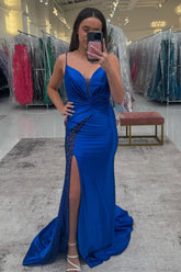 Dreamyannie Mermaid Royal Blue Prom Dress Satin Formal Dress With Slit