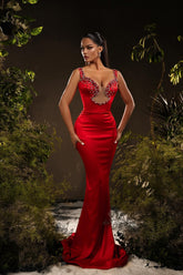 Dreamyannie Mermaid Satin Off The Shoulder Sleeveless Red Prom Dress Formal Dress With Rhinestone