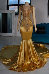 Dreamyannie Mermaid Satin Prom Dress V Neck Sleeveless Yellow Formal Dress With Beading