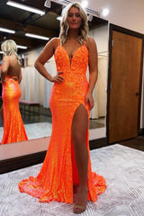 Dreamyannie Mermaid Spaghetti Straps Orange Prom Dress Formal Dress With 3D Flowers