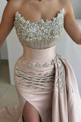 Dreamyannie Mermaid Strapless Satin Jewels Formal Dress With Side Slit