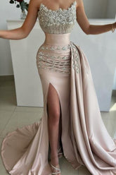Dreamyannie Mermaid Strapless Satin Jewels Formal Dress With Side Slit