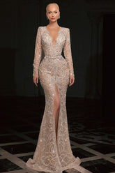 Dreamyannie Mermaid V Neck Sleeves Beaded Sequined Slit Tulle Formal Dress With Rhinestones