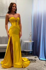 Dreamyannie Mermaid Yellow Prom Dress Sweetheart Long Formal Dress With Slit