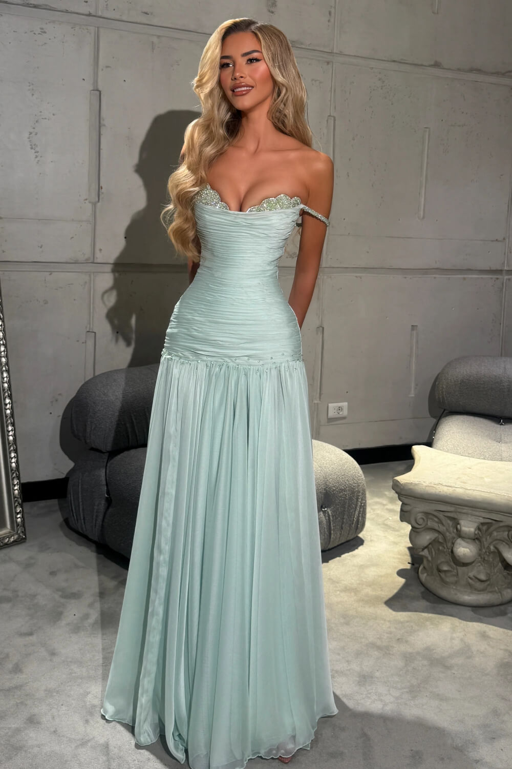 Dreamyannie Women Mint Green Off The Shoulder Prom Dress A Line Formal Evening Gown Dreamyannie Women Mint Green Off The Shoulder Prom Dress A Line Formal Evening Gown