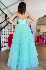 Dreamyannie Mint Prom Dress A-Line Sweetheart Tiered Long Formal Dress With Slit
