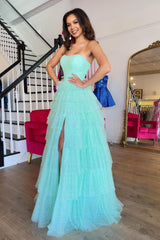 Dreamyannie Mint Prom Dress A-Line Sweetheart Tiered Long Formal Dress With Slit