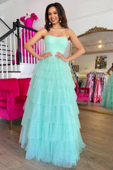 Dreamyannie Mint Prom Dress A-Line Sweetheart Tiered Long Formal Dress With Slit