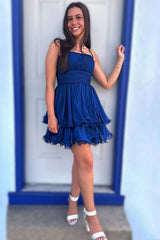 Dreamyannie Navy A Line Homecoming Dresses Spaghetti Straps Short Cocktail Dresses With Ruffles