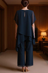 Dreamyannie Navy Chiffon Boat Neck 2 Piece Mother Of The Bride Pant Suits