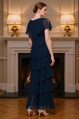 Dreamyannie Navy Chiffon Sheath Tiered Ruffled Ankle Length Mother Of The Bride Dress