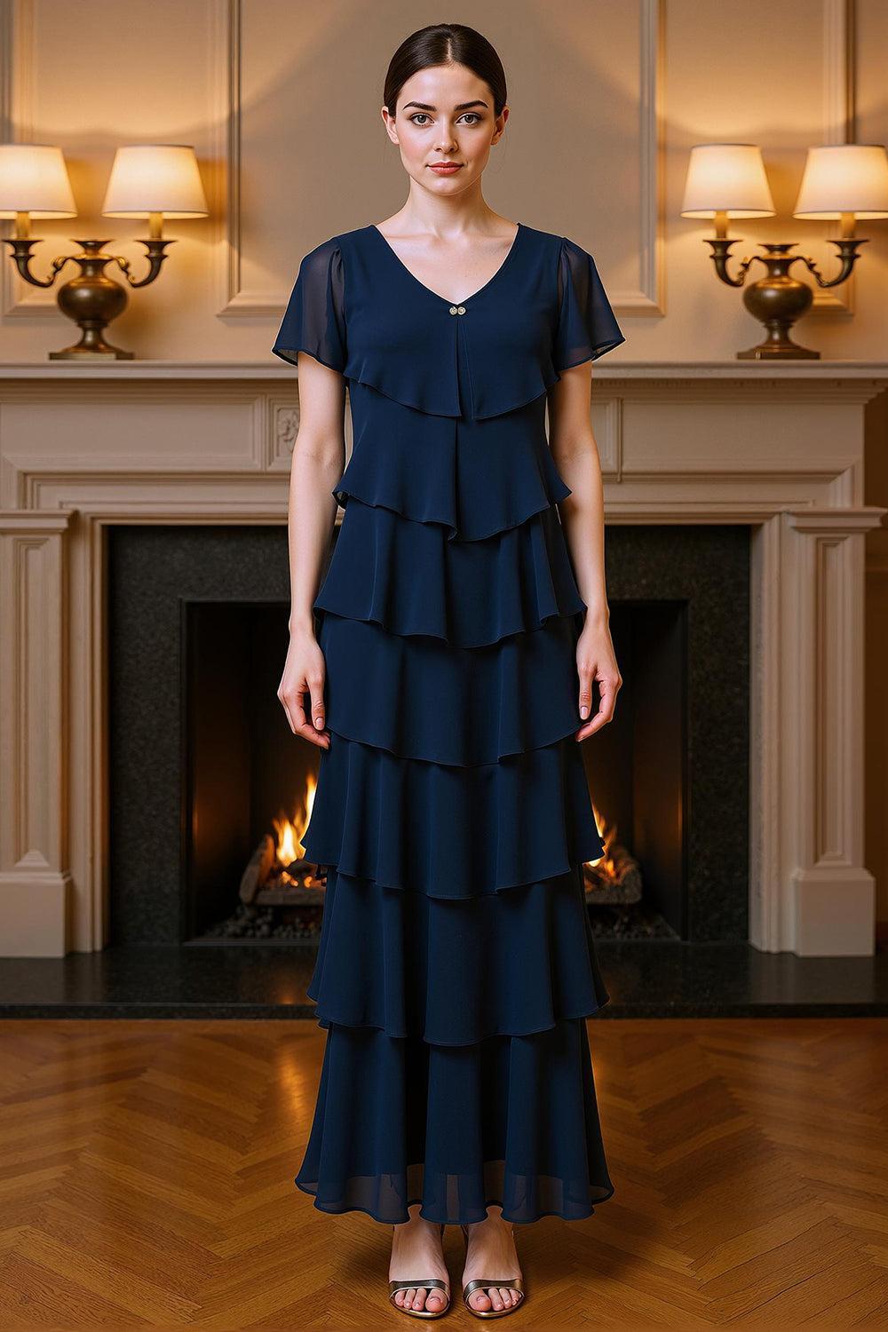 Dreamyannie Navy Chiffon Sheath Tiered Ruffled Ankle Length Mother Of The Bride Dress