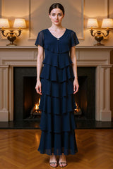 Dreamyannie Navy Chiffon Sheath Tiered Ruffled Ankle Length Mother Of The Bride Dress