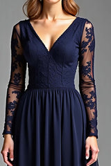 Dreamyannie Navy Mother of the Bride Dress Chiffon V-Neck Long Formal Dress With Long Sleeves