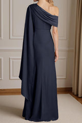 Dreamyannie Navy One Shoulder Sheath Floor Length Mother Of The Bride Dress With Side Cape