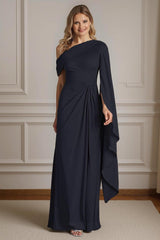 Dreamyannie Navy One Shoulder Sheath Floor Length Mother Of The Bride Dress With Side Cape