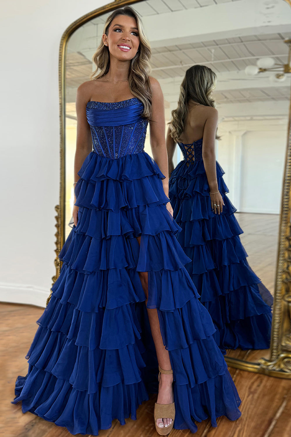 Dreamyannie Navy Prom Dress A Line Strapless Corset Long Chiffon Formal Dress