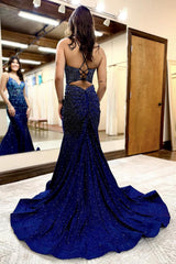 Dreamyannie Navy Prom Dress Beaded Mermaid Spaghetti Straps Long Formal Dress