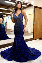Dreamyannie Navy Prom Dress Beaded Mermaid Spaghetti Straps Long Formal Dress