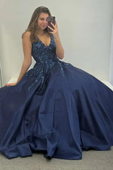 Dreamyannie Navy Prom Dress Floral V-Neck Formal Dress With Lace