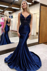 Dreamyannie Navy Prom Dress Lace Mermaid Satin Long Formal Dress