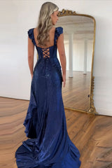 Dreamyannie Navy Prom Dress Mermaid Corset Asymmetrical Formal Dress With Ruffles