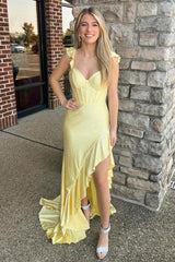 Dreamyannie Navy Prom Dress Mermaid Corset Asymmetrical Formal Dress With Ruffles