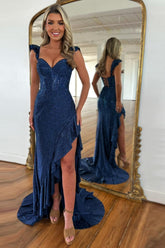 Dreamyannie Navy Prom Dress Mermaid Corset Asymmetrical Formal Dress With Ruffles