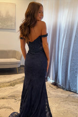 Dreamyannie Navy Prom Dress Off The Shoulder Mermaid Long Lace Formal Dress