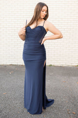 Dreamyannie Navy Prom Dress Rhinestones Corset Mermaid Long Formal Dress With Slit