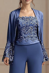 Dreamyannie Navy Square Neck Chiffon 3 Piece Mother Of The Bride Pant Suits With Jacket