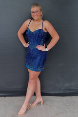 Dreamyannie Navy Tight Homecoming Dresses Beaded Short Corset Cocktail Dresses