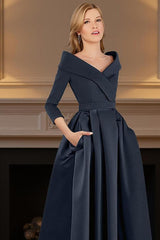 Dreamyannie Navy V Neck A Line High Low Mother Of The Bride Dress With Pockets
