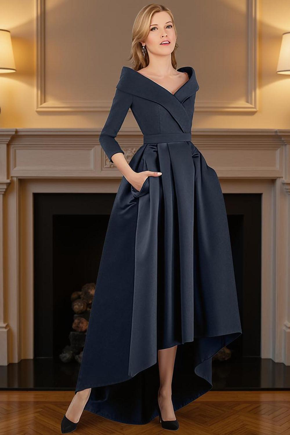 Dreamyannie Navy V Neck A Line High Low Mother Of The Bride Dress With Pockets