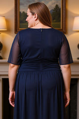 Dreamyannie Navy V Neck Chiffon Ruched Floor Length Plus Size Mother Of The Bride Dress