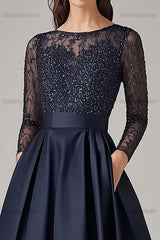 Dreamyannie Navy Wedding Guest Dress Beaded A Line Long Sleeves Formal Dress With Lace