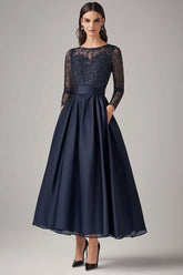 Dreamyannie Navy Wedding Guest Dress Beaded A Line Long Sleeves Formal Dress With Lace