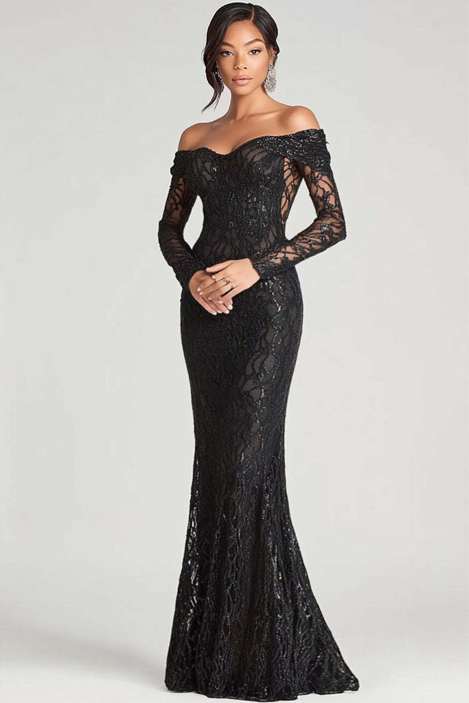 Dreamyannie Women Off The Shoulder Black Wedding Guest Dress Sheath