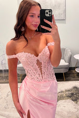 Dreamyannie Off The Shoulder Blush Prom Dress Mermaid Corset Floor Length Formal Dress With Appliques