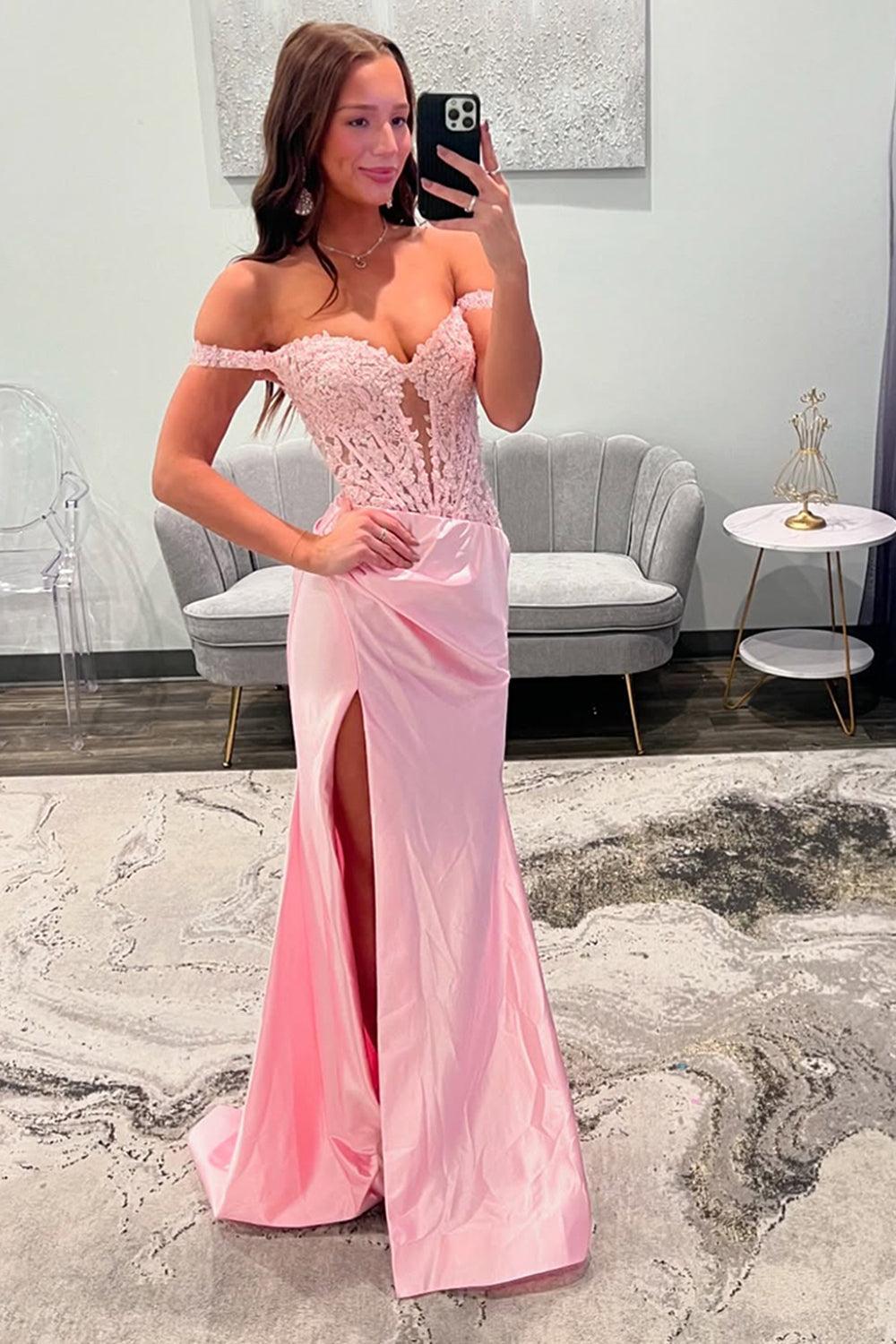 Dreamyannie Off The Shoulder Blush Prom Dress Mermaid Corset Floor Length Formal Dress With Appliques
