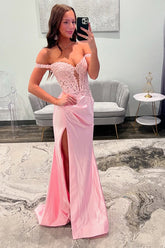 Dreamyannie Off The Shoulder Blush Prom Dress Mermaid Corset Floor Length Formal Dress With Appliques