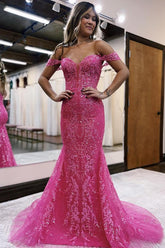 Dreamyannie Off The Shoulder Fuchsia Prom Dress Mermaid Formal Dress With Lace