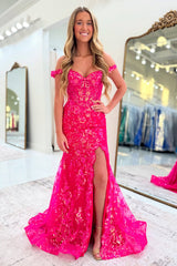 Dreamyannie Off The Shoulder Fuchsia Prom Dress Mermaid Long Formal Dress With Slit