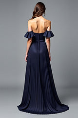 Dreamyannie Off The Shoulder Navy Wedding Guest Dress A Line Pleated Formal Dress With Ruffles