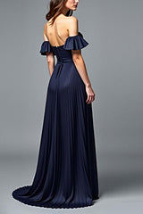 Dreamyannie Off The Shoulder Navy Wedding Guest Dress A Line Pleated Formal Dress With Ruffles