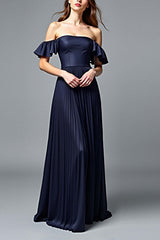 Dreamyannie Off The Shoulder Navy Wedding Guest Dress A Line Pleated Formal Dress With Ruffles