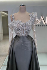 Dreamyannie Olive Square Neck Prom Dress A Line Panel Train Satin Formal Dress With Pearls